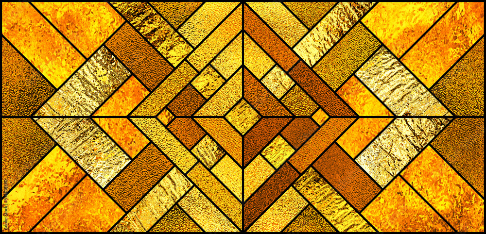 Gold stained glass window. Geometric stained-glass background. Art Deco ...