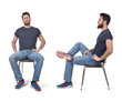 front and side view of same man sitting on chair on white background