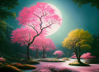 Wall Mural - fantasy landscape with pink trees, digital art