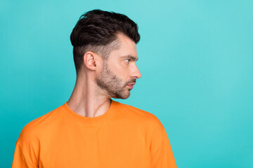 Sticker - Side profile photo of young attractive handsome bearded serious look empty space new advert professional programmer isolated on aquamarine color background