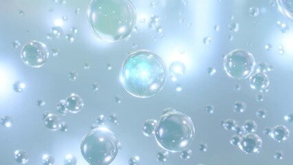 Aufkleber - Macro shot of various air bubbles in water rising up on light blue background. Super slow motion Beauty glossy Moisturizing bubble blobs design. 3D animation of Cosmetic serum