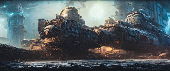 Wall Mural - Artistic concept painting of a beautiful sci-fi spaceship in hangar. Tender and dreamy design, background illustration.