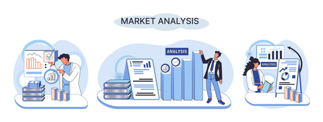 Poster - Market analysis metaphor marketing strategy development. Business research. Identify business determine solutions business problems solving. Marketer analyzes sales plan, doing an advertising campaign
