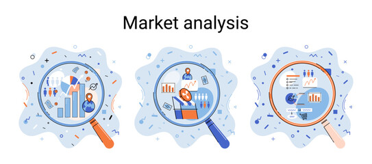 Poster - Market statistics data analysis metaphor marketing strategy development. Business research. Identify business needs determine solutions problems solving. View financial data through magnifying glass