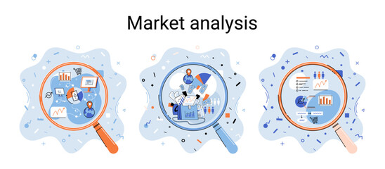 Poster - Market statistics data analysis metaphor marketing strategy development. Business research. Identify business needs determine solutions problems solving. View financial data through magnifying glass