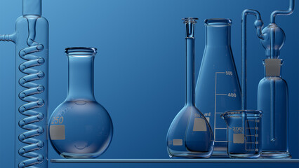 Wall Mural - glass chemistry lab equipment on blue background. chemistry lab concept. 3d