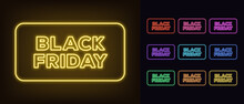 Outline Neon Black Friday Text With Frame. Glowing Neon Black Friday Tag For Online Sale, Promo Text For Social Media