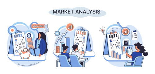 Poster - Market analysis metaphor marketing strategy development. Business research. Identify business determine solutions business problems solving. Marketer analyzes sales plan, doing an advertising campaign