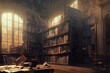 
Bookcase with old books in the interior. Bookstore, library, bookshelves in a dark room with a window. 3D illustration.