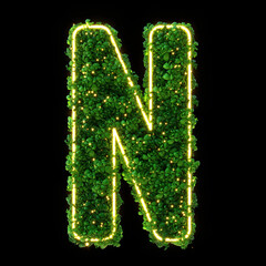 3d alphabet letter N. Green plant, glowing neon leaves, grass, moss, basil, mint. Isolated on black background with Clipping Path. 3d illustration.