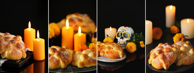 Collage with bread of the dead on dark background. Celebration of Mexico's Day of the Dead (El Dia de Muertos)