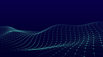 Poster - abstract futuristic wave with moving dots abd lines. flow of particles. vector cyber technology illu