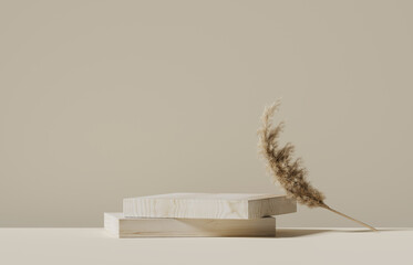 3D podium wood display on beige, background and dry pampas grass. Brown cosmetic, beauty product promotion pedestal with shadow. nature showcase composition. Abstract minimal studio 3D render