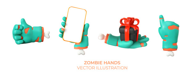 Set of zombie hands in different positions. Realistic 3d design. Various hand gestures isolated on white background. Vector illustration.