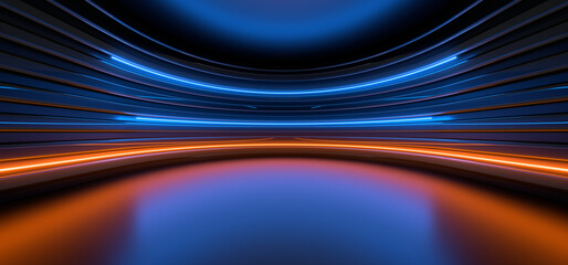 Wall Mural - Sci Fy neon lamps in a dark corridor. Reflections on the floor and walls. 3d rendering image.