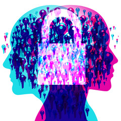 Wall Mural - 2 people’s side silhouettes overlaid with various-sized semi-transparent keys representing open potential. Overlaid centrally is a large semitransparent white “padlock” representing a locked mindset.