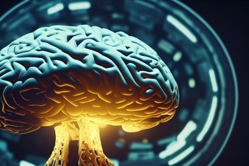 Biomechanical brain in the shape of a mushroom explosion, on a futuristic background. 3d rendering