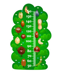 Wall Mural - Cartoon happy nuts characters kids height chart, growth meter. Vector height measurement wall sticker with funny pistachio, peanut and walnut, coconut, sunflower and hazelnut, pumpkin seeds and bean