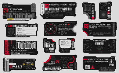 Cyberpunk decals set. Set of vector stickers and labels in futuristic style. Inscriptions and symbols, Japanese hieroglyphs for danger, attention, AI controlled, high voltage, warning.