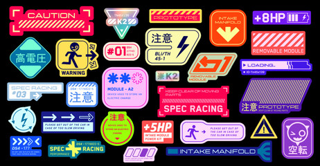 cyberpunk decals set. set of vector stickers and labels in futuristic style. inscriptions and symbol
