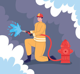 Poster - Fireman with hose in hydrant