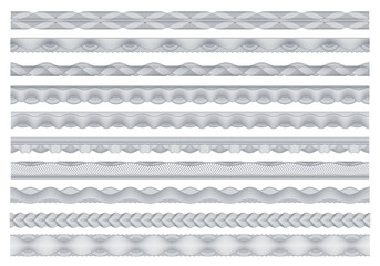 Poster - Guilloche borders, bank money, diploma and certificate security frame border pattern. Vector decoration elements, banknote security watermarks, seamless bordering for official document protection