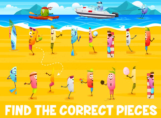 Poster - Find the correct piece of cartoon vitamin characters on summer beach vacation. Piece quiz vector worksheet with cheerful A, B, C, D vitamins characters kayaking, water skiing on sea