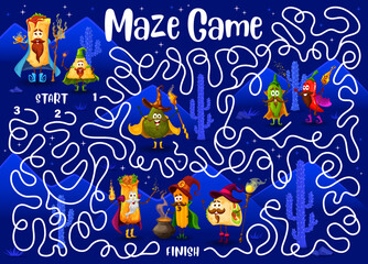 Poster - Labyrinth maze Tex Mex Mexican food wizard characters, vector puzzle game. Kids labyrinth maze riddle to help find way for cartoon burrito sorcerer, jalapeno magician and taco sorcerer with magic wand