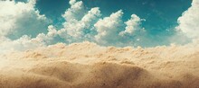 Dusty Beach Dune Sandstorm Clouds On A Windy Hot Summer Day - Remote Semi Desert Landscape With Beautiful Puffy Cumulus Clouds. Far Horizon Panoramic Pastel Stylized Digital Art.