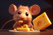 Cute Little Cartoon Mouse Eating Cheese
