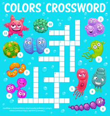 Aufkleber - Cartoon viruses, microbes and germs crossword worksheet, find a word quiz game with pathogen cells. Vector search puzzle riddle for children education and learning activity. Crossword test