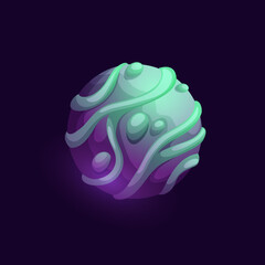 Poster - Fantastic cartoon space planet with blue and purple swirls, vector fantasy galaxy world. Alien earth or fantastic planet and galactic star with liquid craters from asteroids, cartoon game UI