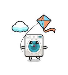 Sticker - washing machine mascot illustration is playing kite