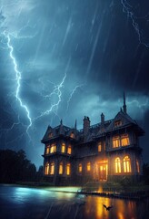 Wall Mural - Mystical and spooky castle in the darkness and lightning flashes. An ancient historical castle. 3D rendering.