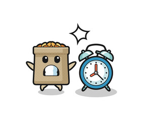 Sticker - Cartoon Illustration of wheat sack is surprised with a giant alarm clock