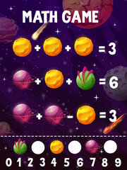 Poster - Math game kids quiz worksheet. Fantastic galaxy cartoon space planets, stars and comets. Addition and subtraction math puzzle or kids mathematical vector riddle with fantastic planets and asteroids
