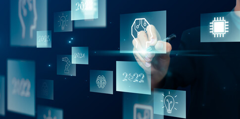 Poster - 2023 new year future business tech companies development innovation creative idea artificial intelligence AI digital technology machine, data online security, graphic icon illustration blue background