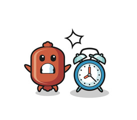 Wall Mural - Cartoon Illustration of sausage is surprised with a giant alarm clock