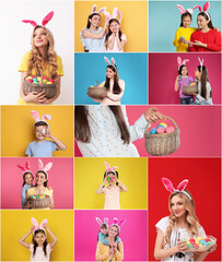 Sticker - Collage photos of people wearing bunny ears headbands on different color backgrounds. Happy Easter