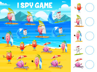 Wall Mural - I spy game, cartoon vitamins on summer beach. Child math game vector worksheet, puzzle quiz with cheerful A, B,C, D vitamins pill characters windsurfing, surfing and sunbathing on vacation beach