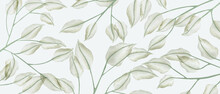 Abstract Art Background With Transparent Leaves On Tree Branches In Art Line Style. Botanical Minimalistic Banner For Textile Design, Wallpaper, Print, Packaging, Fabric, Invitations.