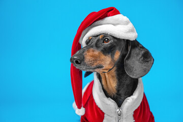 Dog in red cap, santa costume on blue background. Fabulous christmas character. Greeting New Year card with pet in hat, fancy costume. Close up portrait dachshund in traditional santa clothes