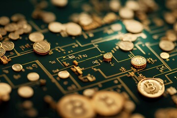 Bitcoin cryptocurrency digital art featuring Bitcoin and gold circuitry. 