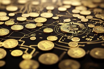 Bitcoin cryptocurrency digital art featuring Bitcoin and gold circuitry. 