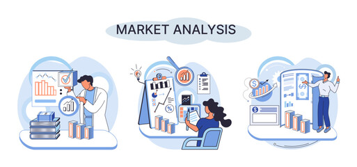 Poster - Market analysis metaphor marketing strategy development. Business research. Identify business determine solutions business problems solving. Marketer analyzes sales plan, doing an advertising campaign