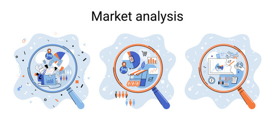 Poster - Market statistics data analysis metaphor marketing strategy development. Business research. Identify business needs determine solutions problems solving. View financial data through magnifying glass