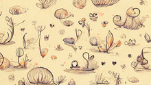 Cute Leaves Doodle Art With Pastel Watercolor Background Design