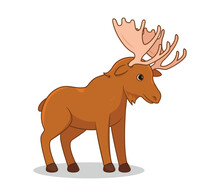 Cute Forest Animal Concept. Sticker With Taiga Elk With Big Horns. Artiodactyl Mammal. Design Element For Social Media And Print. Cartoon Flat Vector Illustration Isolated On White Background