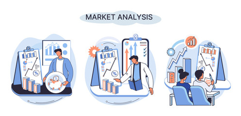 Poster - Market analysis metaphor marketing strategy development. Business research. Identify business determine solutions business problems solving. Marketer analyzes sales plan, doing an advertising campaign