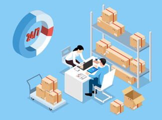 Wall Mural - 3D isometric Online delivery concept with a man and a woman decide the delivery addresses for packages in the warehouse. Vector illustration eps10